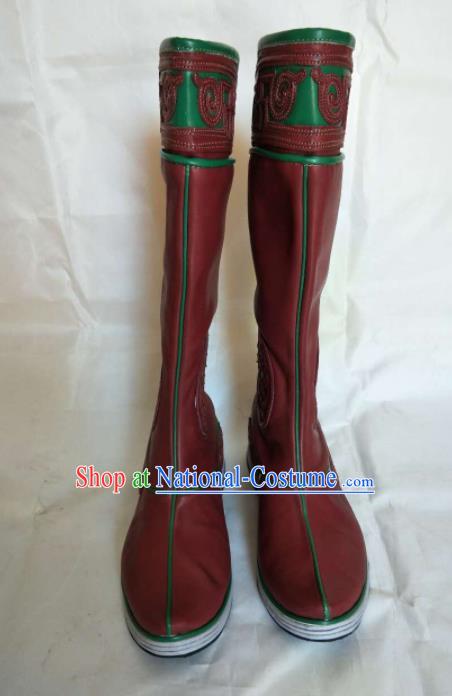 Chinese Traditional Mongol Nationality Red Boots Mongolian Ethnic Leather Riding Boots for Men