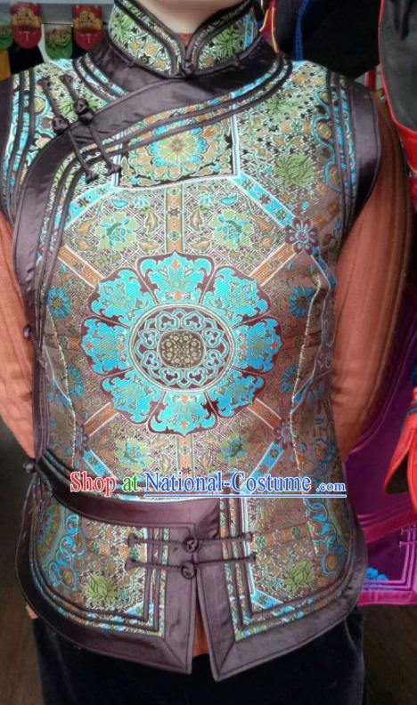 Traditional Chinese Mongol Nationality Brown Brocade Vest Mongolian Ethnic Stage Show Costume for Women