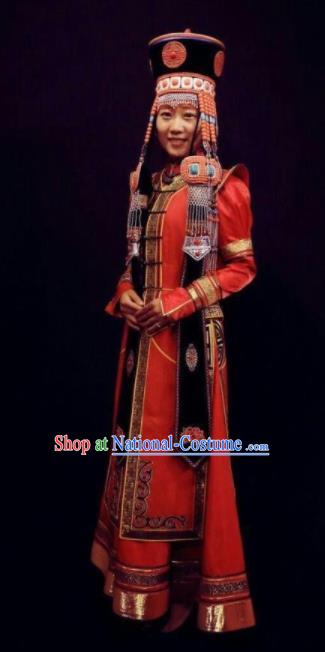 Traditional Chinese Mongol Nationality Bride Red Brocade Dress Mongolian Ethnic Wedding Stage Show Costume for Women