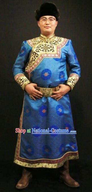 Chinese Traditional Mongol Nationality Costumes Mongolian Ethnic Light Blue Robe for Men