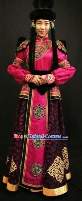 Traditional Chinese Mongol Nationality Rosy Dress Mongolian Ethnic Dance Stage Show Costume for Women