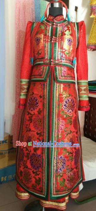 Traditional Chinese Mongol Nationality Wedding Red Dress Mongolian Ethnic Dance Stage Show Costume for Women