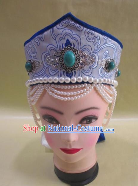 Traditional Chinese Mongol Nationality Hair Accessories Mongolian Ethnic Blue Hat for Women