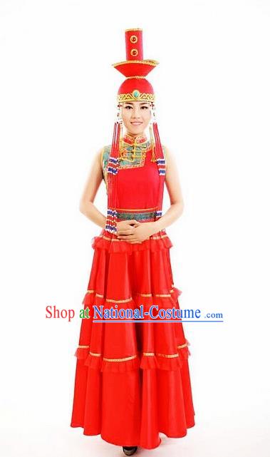 Traditional Chinese Mongol Nationality Wedding Red Dress Mongolian Ethnic Dance Costume and Hat for Women