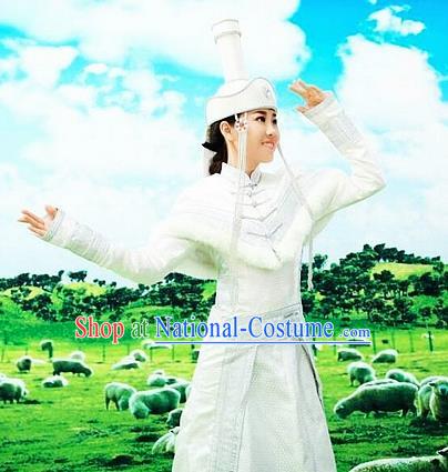 Traditional Chinese Mongol Nationality Wedding White Dress Mongolian Ethnic Dance Costume and Hat for Women