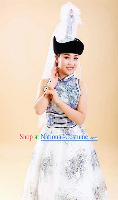 Traditional Chinese Mongol Nationality White Dress Mongolian Ethnic Dance Costume and Hat for Women