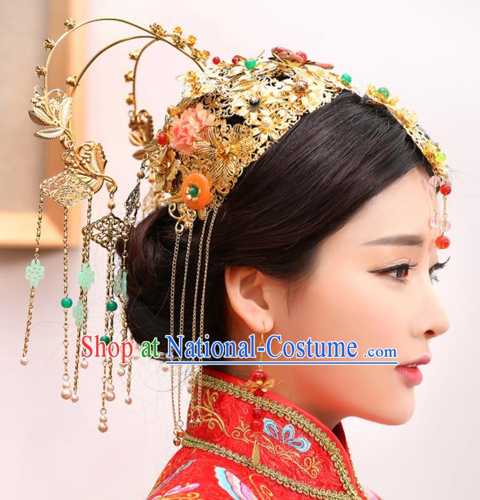 Chinese Traditional Wedding Golden Phoenix Coronet Tassel Hairpins Ancient Bride Hair Accessories for Women