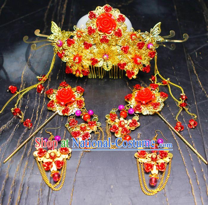 Chinese Traditional Wedding Red Roses Hair Comb Hairpins Ancient Bride Hair Accessories for Women