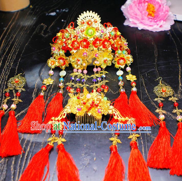 Chinese Traditional Wedding Red Tassel Hair Comb Hairpins Ancient Bride Hair Accessories for Women