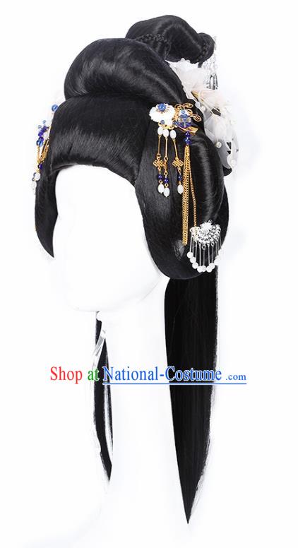 Chinese Traditional Tang Dynasty Imperial Consort Wigs and White Flower Hairpins Ancient Peri Princess Hair Accessories for Women