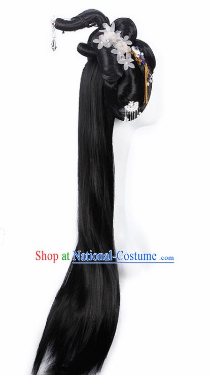 Chinese Traditional Tang Dynasty Court Lady Wigs and White Flower Hairpins Ancient Peri Princess Hair Accessories for Women