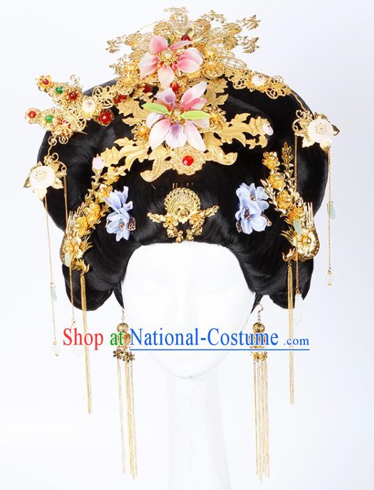 Chinese Traditional Tang Dynasty Queen Wigs and Hairpins Ancient Imperial Consort Hair Accessories for Women