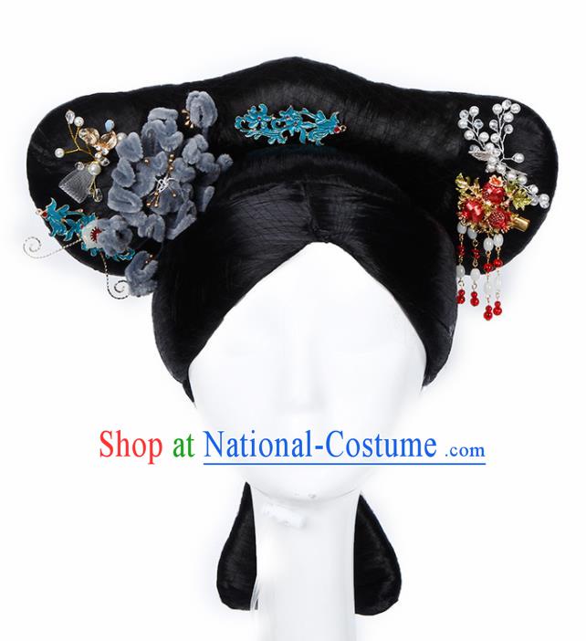 Chinese Traditional Qing Dynasty Imperial Concubine Wigs and Hairpins Ancient Imperial Consort Hair Accessories for Women