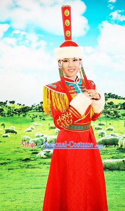 Traditional Chinese Mongol Nationality Red Dress and Hat Mongolian Ethnic Dance Costume for Women