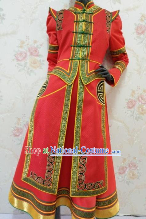 Traditional Chinese Mongol Nationality Stage Show Red Dress Mongolian Ethnic Dance Costume for Women