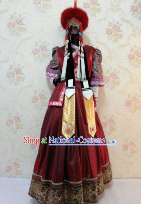 Traditional Chinese Mongol Nationality Stage Show Wine Red Dress Mongolian Ethnic Dance Costume for Women