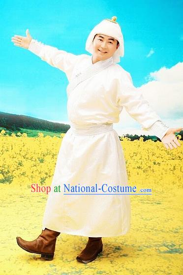 Chinese Traditional Mongol Nationality Costumes Mongolian Ethnic White Robe for Men