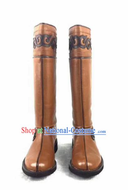 Chinese Traditional Mongol Nationality Khaki Leather Boots Mongolian Ethnic Riding Boots for Men