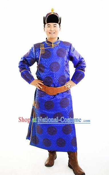 Chinese Traditional Mongol Nationality Costumes Mongolian Ethnic Prince Royalblue Robe for Men