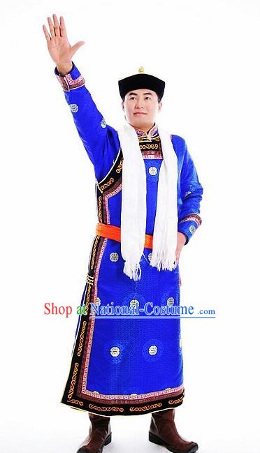 Chinese Traditional Mongol Nationality Costumes Mongolian Ethnic Prince Blue Robe for Men