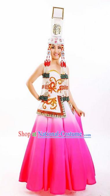 Traditional Chinese Mongol Nationality Stage Show Rosy Dress and Hat Mongolian Ethnic Dance Costume for Women