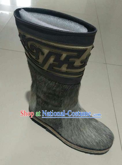 Chinese Traditional Mongol Nationality Grey Fur Boots Mongolian Ethnic Leather Riding Boots for Men