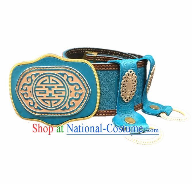 Traditional Chinese Mongol Nationality Blue Leather Belt Mongolian Ethnic Waistband for Men