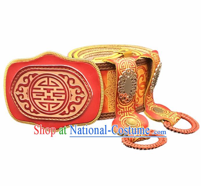 Traditional Chinese Mongol Nationality Red Leather Belt Mongolian Ethnic Waistband for Men