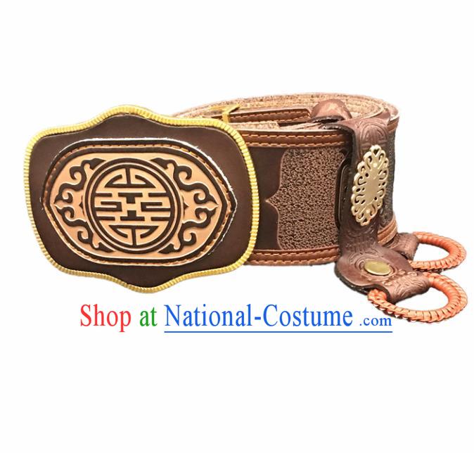 Traditional Chinese Mongol Nationality Brown Leather Belt Mongolian Ethnic Waistband for Men