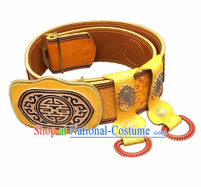 Traditional Chinese Mongol Nationality Yellow Leather Belt Mongolian Ethnic Waistband for Men