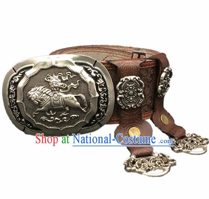 Traditional Chinese Mongol Nationality Coffee Leather Belt Mongolian Ethnic Waistband for Men