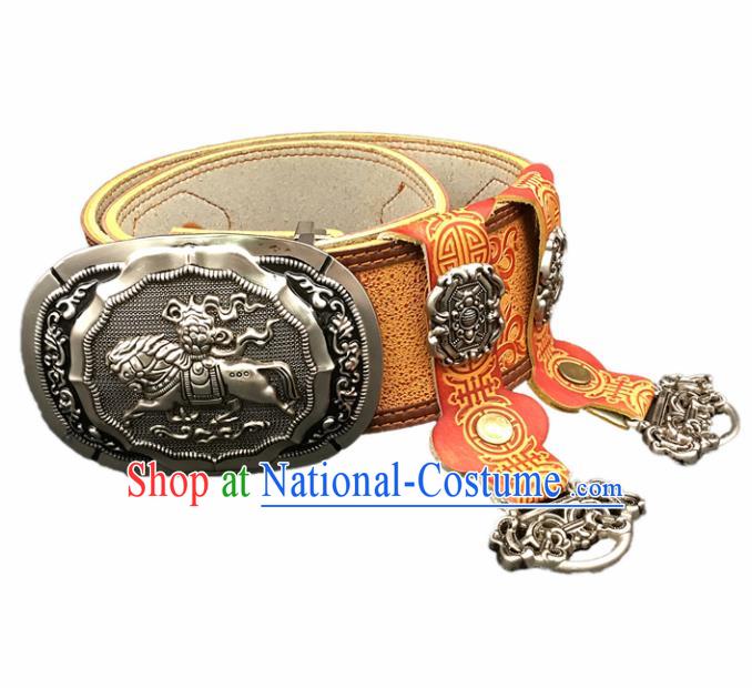 Traditional Chinese Mongol Nationality Orange Leather Belt Mongolian Ethnic Waistband for Men