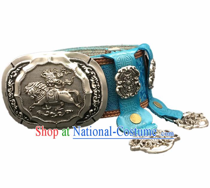 Traditional Chinese Mongol Nationality Blue Leather Belt Mongolian Ethnic Cupronickel Waistband for Men