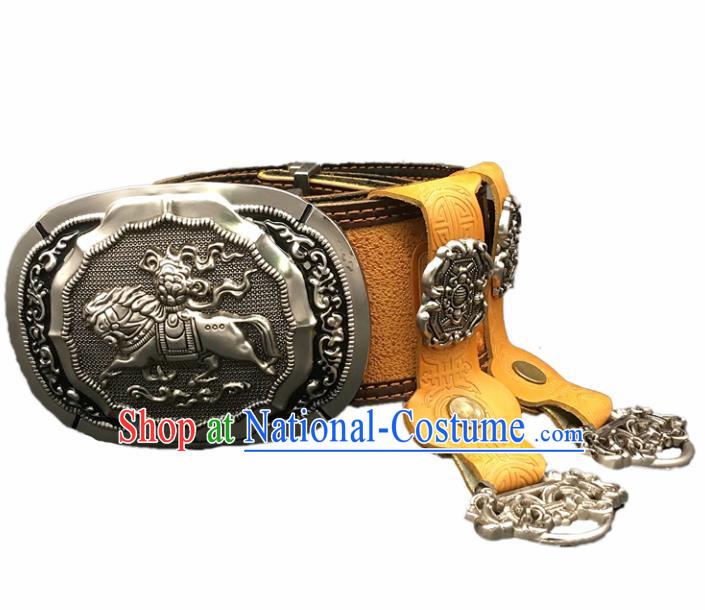 Traditional Chinese Mongol Nationality Yellow Leather Belt Mongolian Ethnic Cupronickel Waistband for Men