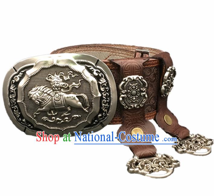 Traditional Chinese Mongol Nationality Brown Leather Belt Mongolian Ethnic Cupronickel Waistband for Men