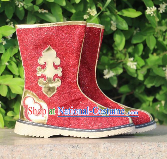 Chinese Traditional Mongol Nationality Red Boots Mongolian Ethnic Leather Riding Boots for Kids