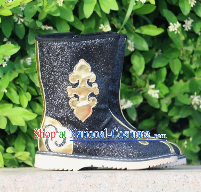 Chinese Traditional Mongol Nationality Black Boots Mongolian Ethnic Leather Riding Boots for Kids