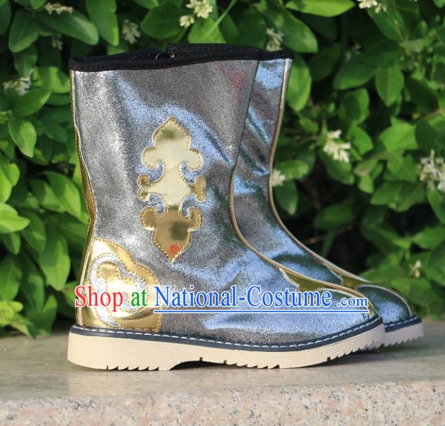 Chinese Traditional Mongol Nationality Grey Boots Mongolian Ethnic Leather Riding Boots for Kids