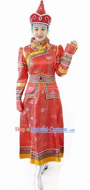 Traditional Chinese Mongol Nationality Dance Red Dress Mongolian Ethnic Wedding Stage Show Costume for Women