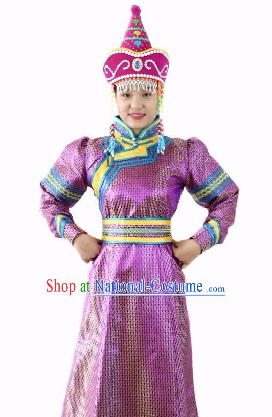 Traditional Chinese Mongol Nationality Dance Purple Dress Mongolian Ethnic Stage Show Costume for Women