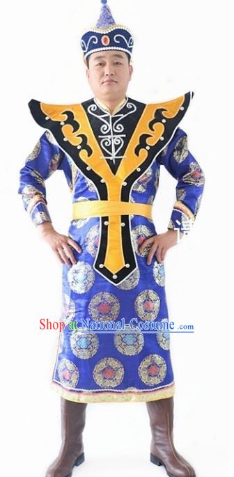 Chinese Traditional Mongol Nationality Royalblue Costumes Mongolian Ethnic Dance Robe for Men