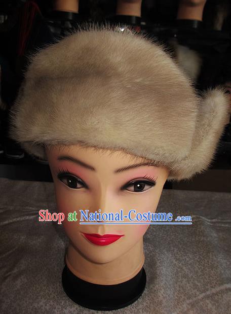 Traditional Chinese Mongol Nationality Winter Headwear Mongolian Ethnic Royalblue Marten Hat for Women