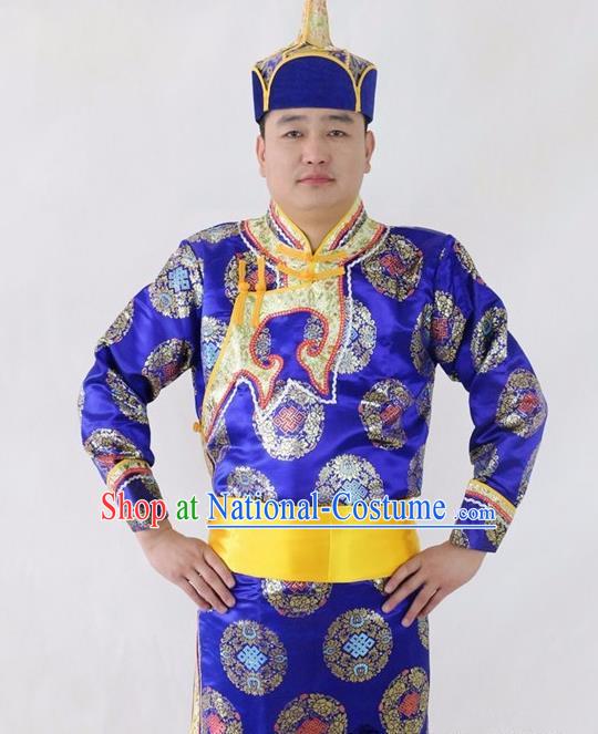 Chinese Traditional Mongol Nationality Royalblue Costumes Mongolian Ethnic Dance Robe for Men