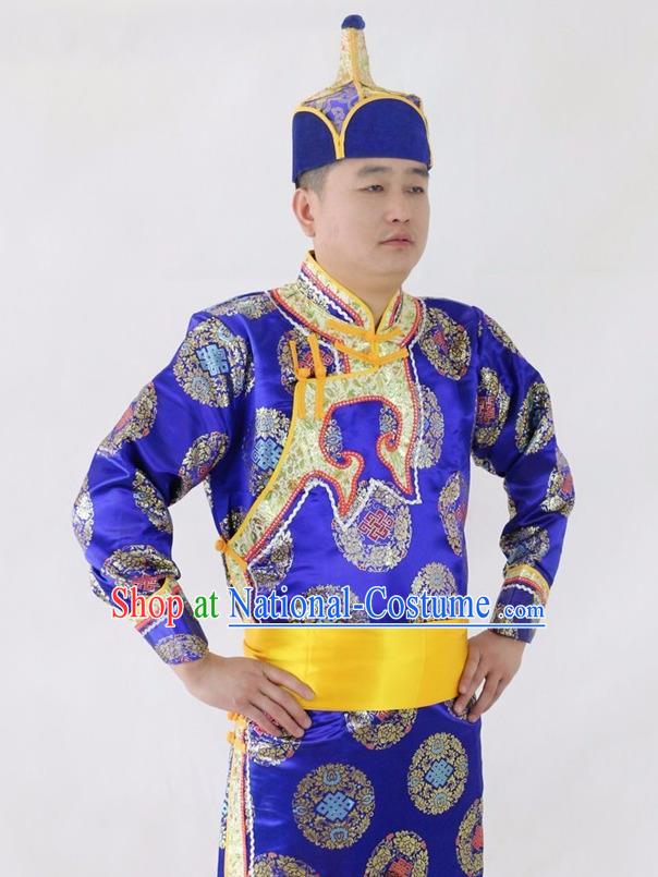 Chinese Traditional Mongol Nationality Royalblue Costumes Mongolian Ethnic Dance Robe for Men