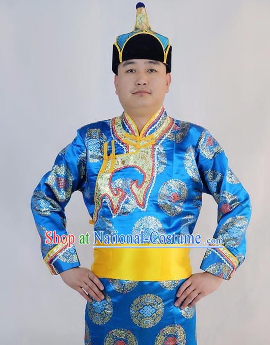 Chinese Traditional Mongol Nationality Blue Costumes Mongolian Ethnic Dance Robe for Men