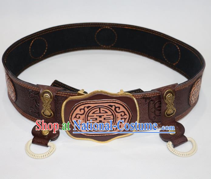 Traditional Chinese Mongol Nationality Male Brown Leather Belts Mongolian Ethnic Waistband for Men