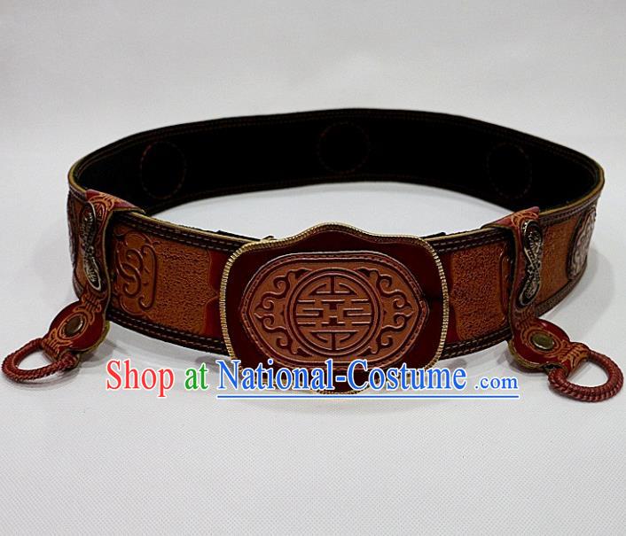 Traditional Chinese Mongol Nationality Male Yellow Leather Belts Mongolian Ethnic Waistband for Men