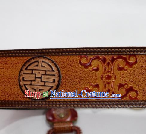 Traditional Chinese Mongol Nationality Male Yellow Leather Belts Mongolian Ethnic Waistband for Men