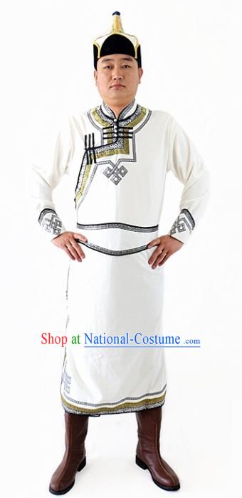 Chinese Traditional Mongol Nationality Costumes Ethnic Dance Stage Show White Mongolian Robe for Men