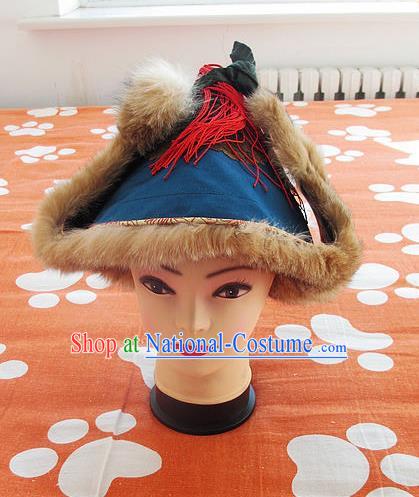 Traditional Chinese Mongol Nationality Winter Headwear Mongolian Ethnic Marten Blue Hat for Men